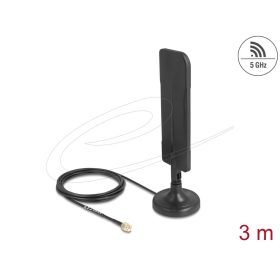   Delock WiFi 5,8 GHz-es antenna RP-SMA-dugó 3 dBi mindenirányú RG-174 csatlakozó kábellel 3 m, billenőcsuklóval és mágneses alappal, fekete színű