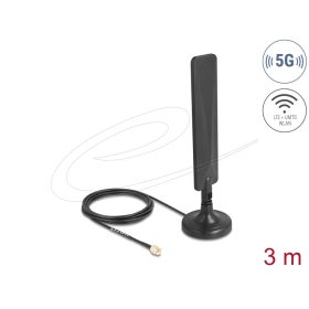   Delock 5G LTE-es antenna SMA-dugó 3 dBi mindenirányú RG-174 csatlakozó kábellel 3 m, billenőcsuklóval és mágneses alappal, fekete színű