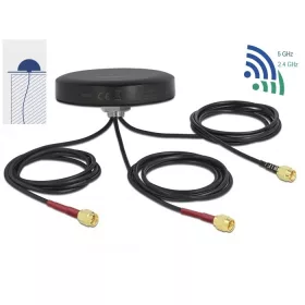   Delock LTE MIMO két sávos, kültéri, fekete WLAN 802.11 ac/ax/a/h/b/g/n antenna 3 db. SMA apa RG-174,