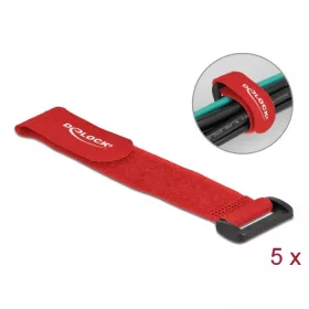   Delock Befűzős kábelkötegelő tépőzárral hossza 190 mm, szélessége 25 mm, 5 db. Piros