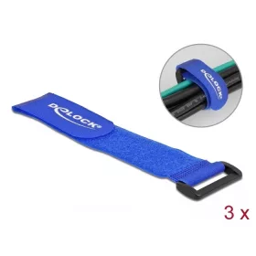   Delock Befűzős kábelkötegelő tépőzárral hossza 280 mm, szélessége 38 mm, 3 db. Kék