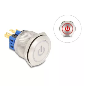   Delock Nyomógomb beszereléshez 25 mm 6 x forrasztási csatlakozó LED piros bekapcsolási szimbólummal + gyűrű (20987)