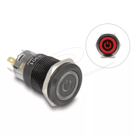   Delock Nyomó gomb beszereléshez fekete 19 mm 12 V 5 x forrasztási csatlakozás LED piros bekapcsolás szimbólum + gyűrű