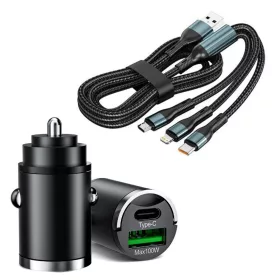   Autós gyorstöltő + 3in1 gyorstöltő kábel - 2 portos - 12/24V