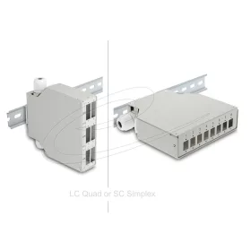   Delock 6 portos, DIN sínre szerelhető optikai szálas patch panel SC Duplex és LC Quad-hoz alternatív panellel 8 x SC Simplex vagy LC Duplex-hez szürke színű