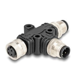   Delock M12 T-megosztó A-kódolt 4 tűs 1 x apa - 1 db. apa és 1 db. hüvely párhuzamos kapcsolással (60580)