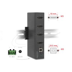   Delock Ipari Hub 4 x USB 2.0 A-típusú 15 kV ESD védelemmel és DIN sín beépítéssel