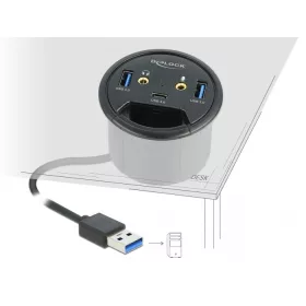  Delock 3 portos asztalba építhető USB hub 1 x USB Type-C  és 2 x A-típusú USB, valamint HD-Audio por (62794)