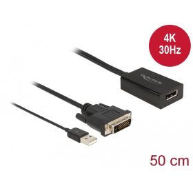   Delock Adapter DVI-dugós csatlakozó > DisplayPort 1.2-csatlakozóhüvely fekete 4K-hez HDR funkcióval (63189)