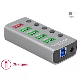   Delock USB 5 Gbps hub 4 porttal valamint 1 gyorstöltő porttal kapcsolóval és megvilágítással (63262)