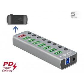   Delock USB 3.2 Gen 1 hub 7 porttal valamint 1 gyorstöltő porttal és 1 USB-C  PD 3.0 porttal kapcsoló