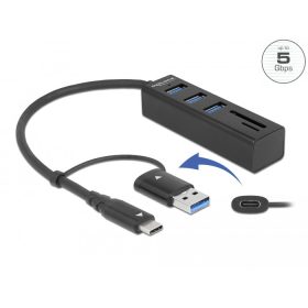   Delock 3 Port USB 3.2 Gen 1 Hub + SD és Micro SD kártyaolvasó USB Type-C  vagy A-típusú USB konnekto (63859)