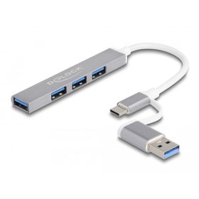   Delock 4 portos vékony USB Hub USB Type-C  vagy USB A-típusú - 3 x USB 2.0 Type-A csatlakozóhüvely + 1 x USB 5 Gbps Type-A csatlakozóhüvely ...