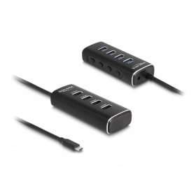   Delock 4 portos USB 10 Gbps hub USB Type-C , 60 cm hosszú kábellel és az egyes portokhoz tartozó kapcsolóval
