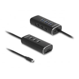   Delock 3 portos USB 10 Gbps hub, SD és Micro-SD kártyaolvasóval USB Type-C , 60 cm hosszú kábellel és portokhoz tartozó kapcsolóval (64234)