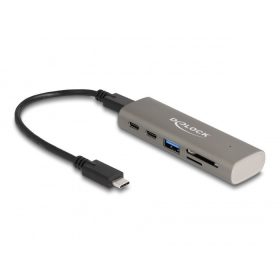   Delock 3 portos USB 10 Gbps hub beépített SD és Micro SD kártyaolvasóval, valamint USB Type-C  csatlakoztatóval