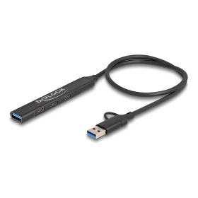   Delock 4 portos vékony USB hub USB Type-C  vagy A-típusú USB csatlakoztatóval és 3 x USB 5 Gbps USB Type-C  és 1 x USB 5 Gbps A-típusú (64272)