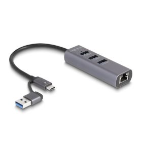   Delock 3 portos USB 5 Gbps Hub + Gigabit LAN USB Type-C  csatlakozóval vagy A-típusú USB csatlakozóval fém vázban (64282)