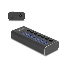   Delock 7 portos USB hub 4 10 Gbps-s porttal és 4 gyorstöltő porttal kijelzővel és kapcsolóval