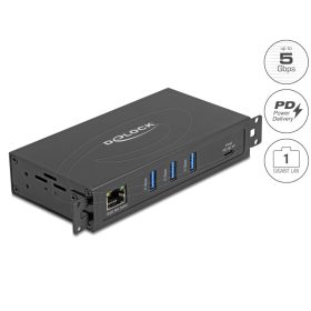   Delock 3 port-os, USB 5 Gbps hub + RJ45 Gigabit LAN PoE++ port USB Type-C  fogadó csatlakozóval fém keretben és 1,5 kV szigetelés