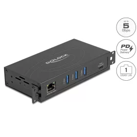   Delock 3 port-os, USB 5 Gbps hub + RJ45 Gigabit LAN PoE++ port USB Type-C  fogadó csatlakozóval fém keretben és 1,5 kV szigetelés