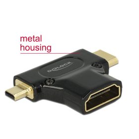   Delock Adapter Gyors-sebességű HDMI Ethernettel - HDMI A anya > HDMI mini-C apa + micro-D apa fekete