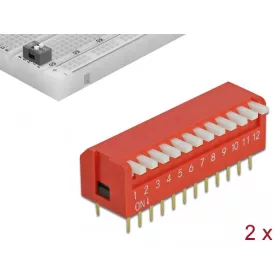   Delock DIP billenő kapcsoló halk 12 állású 2,54 mm távolság THT hosszanti piros 2 darab (66408)