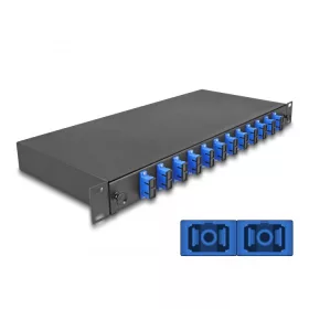   Delock 19  optikai szálösszefűző doboz 12 db. SC Duplex OS2 1U teljes elrendezés kész az összefűzésre