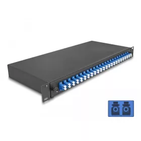   Delock 19  optikai szálösszefűző doboz 24 db. LC Duplex OS2 1U teljes elrendezés kész az összefűzésre