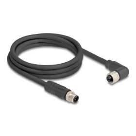   Delock M12 kábel L-kódolt 4 tűs egyenes apa   jobbra hajlított anya PUR húzóláncokhoz alkalmas 2 m fekete (80524)