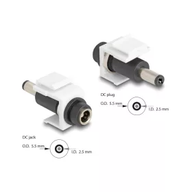   Delock Keystone modul, DC 5,5 x 2,5 mm-csatlakozóhüvely, DC 5,5 x 2,5 mm méretű apa, fehér (84177)