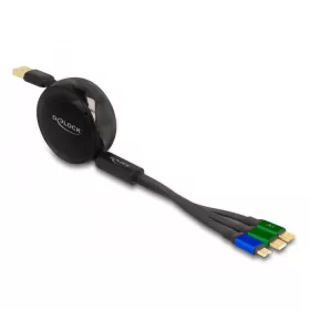   Delock USB 3 az 1-ben visszahúzható töltőkábel Micro USB-hez / 2 x USB Type-C  gyorstöltéssel, fekete