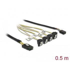  Delock Kábel Mini SAS SFF-8087 >4 x SATA 7 érintkezős hüvely 90 fokban ívelt + oldalsáv, 0,5 m (85683)