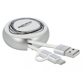  Delock USB 2.0 2 az 1-ben behúzható kábel A-típusú   Micro-B és USB-C  fehér / ezüst (85821)