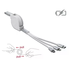   Delock 3az1-ben USB-A - Lightning/MicroUSB/USB-C visszahúzható töltőkábel fehér (85850)
