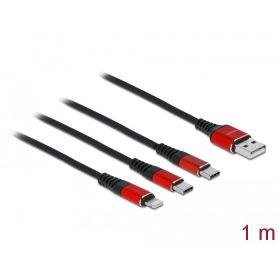   Delock 3az1-ben USB-A - Lightning / 2 x USB Type-C töltőkábel 1m fekete-piros (86709)