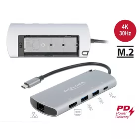   Delock USB Type-C  dokkoló állomás M.2 nyílással - 4K HDMI / USB / LAN / PD 3.0