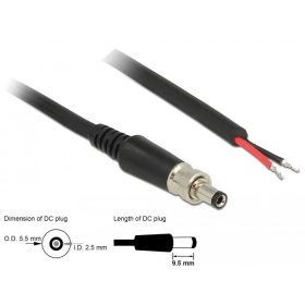   Delock DC tápkábel 5,5 x 2,5 x 9,5 mm, csavarozással nyitható huzalvéggel, 95 cm hosszú (89908)