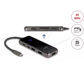   Delock USB Type-C  dokkolóállomás 4K   HDMI / USB hub / SD - Micro SD-nyílás / PD 3.0 85 W edzett üveg felülettel