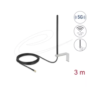   Delock 5G LTE Antenna SMA apa csatlakozóval 3 - 5 dBi mindenirányban rögzíthető, csatlakozó kábellel RG-174, 3 m, falra szerelhető, kültéri, fekete