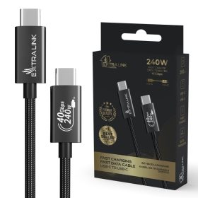   Extralink Smart Life USB Type-C to Type-C Cable Braided Black | USB-C Cable | 240W, 40Gbps, 200cm