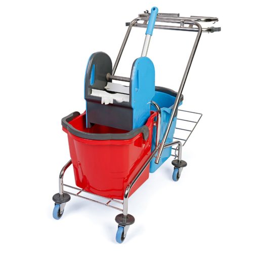 Takarítókocsi, krómvázas, zsáktartóval, 2x18 literes vödörrel