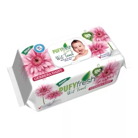   Pufy Fresh nedves törlőkendő, alkoholmentes, parabénmentes, gerbera illatú, 120db/csomag