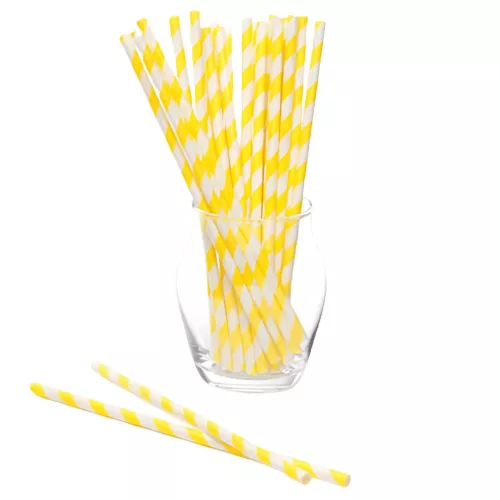 Szívószál papír sárga-fehér csíkos - 8mm átm. 23cm
