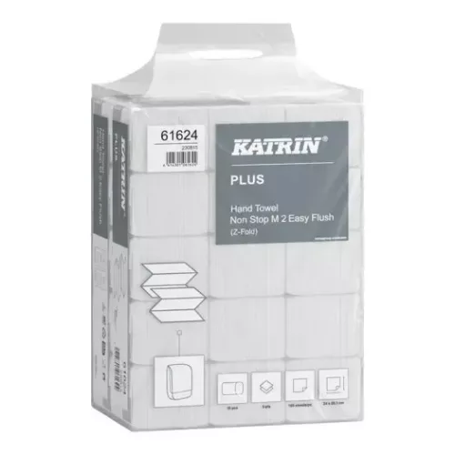 Katrin Plus Non Stop M2 Easy Flush Z hajtogatott, 2 rétegű, fehér, 24X20,3cm/lap, 160 lap/csg, 15csg/karton