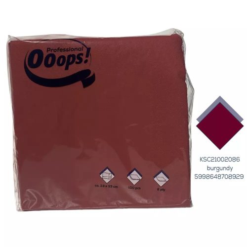 Ooops! szalvéta 33X33cm, 2r., 1/4 hajtás, BORDÓ, 100 lap/csg, 20csg/karton, 42karton/raklap