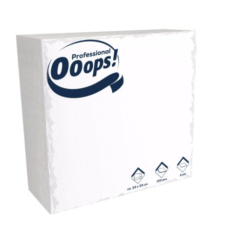 Ooops! szalvéta 33X33cm, 2r., 1/4 hajtás, FEHÉR, 100 lap/csg, 20csg/karton, 36karton/raklap