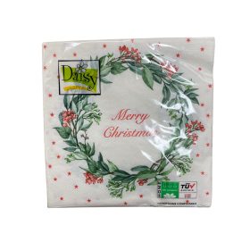   Daisy karácsonyi szalvéta 3 rétegű, 33X33cm, 1/4 hajtás, 20db/csg (24csg/karton) Fehér, zöld koszorúval