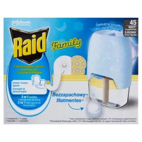   Raid Family Elektromos 45 éjszakás szúnyogirtó Illatmentes Készülék+UTÁNTÖLTŐ folyadék 27 ml