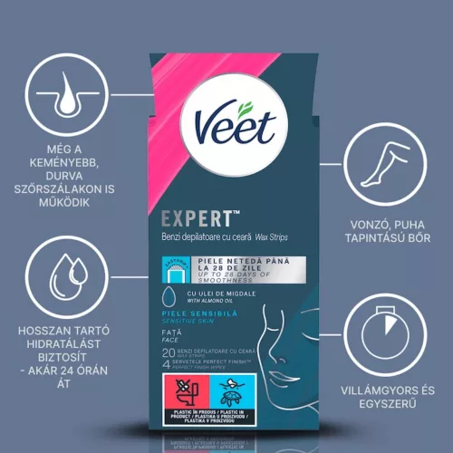 Veet Expert használatra kész hideggyanta szalagok - arcra, érzékeny bőrre 20 db